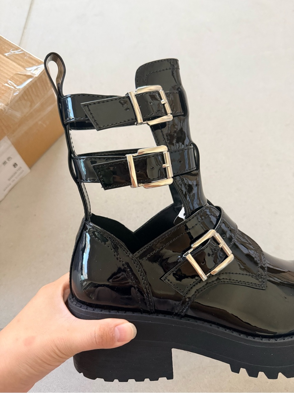 Black Patent Buckle Combat Boots for Women